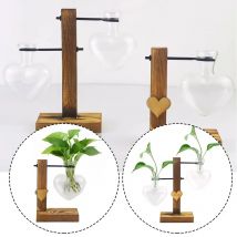 Modern Transparent Glass Hydroponic Flower Vase Wood Frame Flower Pot Heart Shape Clear Glass Vase Tabletop Plant Home Decor