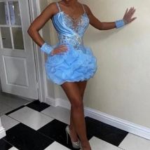 Sky Blue Short Cocktail Dress With Spaghetti Straps Birthday Party Dress Beads Appliques Mini Homecoming Gowns Wihtout Gloves