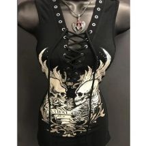 Black Skull Tank Tops Women Summer Fashion Lace Up V-neck Sexy Streetwear Tees for Woman Clothing