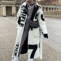 Women Long Double Sided Print Tweed Coat Autumn Winter Elegant Lapel Lace-up Fashion Cardigan Jacket Long Sleeve Loose Outerwear