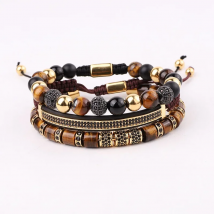 High Quality Men Jewelry Stainless Steel Bangle Natural Stone Beaded Macrame Bracelet Set