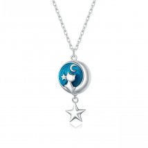 WOSTU 925 Sterling Silver Moon & Cat Star Necklace Blue Enamel Long Chain Link Necklace For Women Fashion Jewelry CQN422