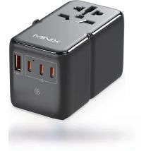 MINIX 140W Universal Travel Adapter, GaN3 International Power Adapter, 3 USB-C 1 USB-A Ports, AC Outlet, Worldwide US/UK/EU/A