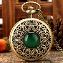Exquisite Emerald-green Stone Bronze Case Quartz Pocket Watch Simple White Dial Chain Clock Necklace Pendant Watch for Men Women