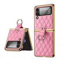 Vietao Luxury Leather Phone Case for Samsung Galaxy Z Flip 7/6/5/4/3 with Gold Plated Ring Stand - Lens Film Protection, Pink