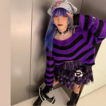 Punk Gothic Rock Dark Red Pink Purple Gray Green Striped Short Sweater Women Girl Streetwear Y2k Top