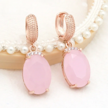 SHENJIANG New Fashion Oval Large Pink Opal Dangle Earrings For Women Wedding Jewelry 585 Rose Gold Color Zirconia Eardrop