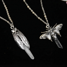 Gothic Death Skull Moth Cicada with Quartz Pendant Necklace Animal Occult Jewerly for gift