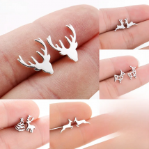 Cute Stainless Steel Deer Earrings Girls Fashion Christmas Reindeer Stud Earrings Tree Snowflake Bat Wolf Jewelry Xmas Gift