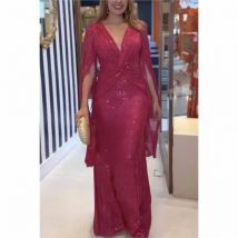 Autumn Winter Luxurious Sexy Sequins Cocktail Party Dress Prom Gown Cloak Sleeve V Neck Folds Corset Evening Floor Length Dress