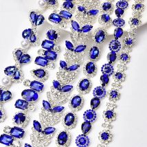 1 Yard Sapphire Leaf Rhinestone Trim Flower Crystal Metal Chain Sew on Women Dress Clothing Shoes Ornament Accessories