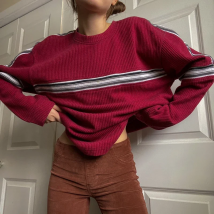 Dourbesty Women Vintage Sweatshirt Loose Style Striped Pattern Long Sleeve Round Neck Pullover Harajuku y2k Sweat Tops Oversize