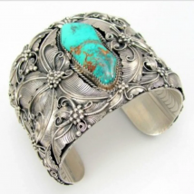 Vintage Women Boho Antique Silver Turquoise Open Bracelet Wide Cuff Bangle