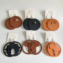 VOIKUKKA Jewelry Round Drop Pendants Laser Cutting Hollow Out I Love Jesus African Map Natural Wooden Ethnic Women Earrings