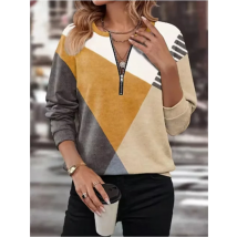 Color Blocked Printed Long Sleeved Zipper V-neck Women's T-shirt High Street Fashion Elegant Commuting Style Autumn Top