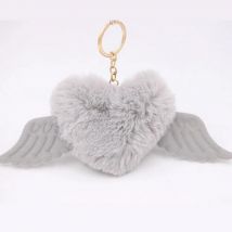 Cute Girls Fluffy Rabbit Fur Angel Wing Keychain Women Pompon Heart Fur Ball Key Ring Car Bag Pompom Trinket Jewelry Party Gift