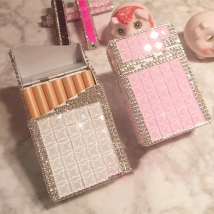 84mm Thick Cigarette Handmade Sticky Rhinestones Metal Cigarettes Case Box With USB Chargeable Lighter And No Lighter For Women