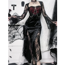 Goth Dark Elegant Mall Gothic Women Evening Dresses Grunge Aesthetic E-girl Velvet Midi Dress Lace Splice Sexy Split Alt Outfits