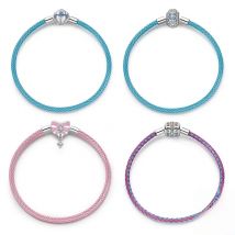 New 925 Silver 17-20CM Pink & Blue Leather Braided Rainbow Bracelet Fit DIY Charms Bead Birthday Jewelry Gifts Hot Sale