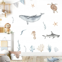 Cartoon Whale Turtle Ocean Animal Seaweed Watercolor Kids Wall Sticker Vinyl Nursery Art Decals for Babys Boys Room Home Decor