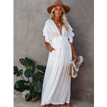 Sexy Deep V-neck Butterfly Sleeve Self Belted High Waist Button Front Open Summer Beach Dress WhiteTunic Women Beachwear Q1208