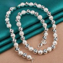 DOTEFFIL 925 Sterling Silver 8mm Bead Ball Chain Matte Smooth Necklace For Woman Man Wedding Engagement Party Jewelry