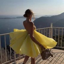 VEITCHE Summer Sexy Backless Women Dress Lace-up Loose Pleated Hem Mini Dress Women Sleeveless High Waist Vocation Party Dress