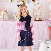 VIKITA Girls Hooded Striped Dress Kids Star Embroidery Autumn Spring Winter Straight Thick Hoodies Dresses Children Clothing