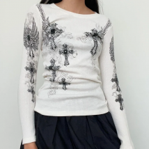 Indie Graphic Print T-shirt 00s Retro Grunge Pullovers Tops Chic Women Long Sleeve Slim Tees Autumn Spring Y2K Vintage Clothes