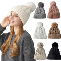 Winter Twist Knitting Hats Warm Fur Pompom Thick Plush Cap Beanies Solid Ladies Versatile Ski Snow Skullies Beanies Velvet Hat
