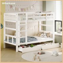 UrbanLuxe Kinderbett 90x200 cm, mit 2 Schubladen und Lattenrost, Etagenbett, herausnehmbar, Einzelbett, Massivholz, weiß