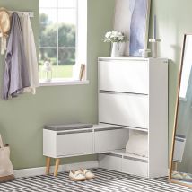 SoBuy FSR134-W Camión volquete de zapatos Estante para zapatos con 2 aletas, 2 puertas y 2 cajones Mueble de recibidor con banco Banco para zapatos con asiento
