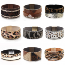Amorcome Leather Leopard Print Snake Skin Wrap Bracelets Gifts for Women Men Bohemia Magnetic Buckle Bangle Female Jewelry Gift