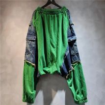 Fashion Vintage Contrast Color Elastic Waist Jeans Crotch Baggy Denim Pants HipHop Dance Performance Cowboy Trousers Streetwear