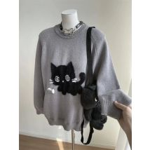 Gray Cute Cat O-neck Knit Elegant Pullover Woman 2024 Winter Design Harajuku Tops Feamale Y2k Long Sleeve Retro Sweaters Mujer