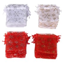 50pcs/lot Organza Gift Bag Hot Gold Color Printing Snowflake Drawstring Pouches For Wedding Christmas Party Candy Packing
