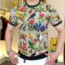 2025 Summer Honeycomb Mesh Short Sleeve T-shirt Men Retro Print Round Neck Casual T-shirt Ice Silk Social Streetwear Tee Tops