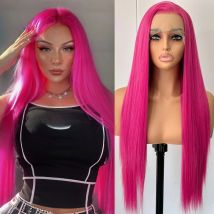 Long Pink Wig Silky Straight Synthetic Lace Front Wig Free Part Rose Red Colored Heat Resistant Fiber Wigs for Women Daily Party