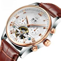 KINYUED Tourbillon Men Watches Fashion Business Automatic Mechanical Watch Men Casual Leather Waterproof Watch Relogio Masculino