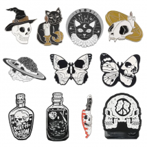 Skull Wine Enamel Pin Witch Cat Butterfly Knife Brooch Collar Badge Gothic Death Halloween Dark Skeleton Jewelry Gift