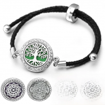 2023 New Leather Stainless Steel Aromatherapy Bangle Tree of Life Essential Oil Diffuser Zircon Perfume Locket Bracelet Jewelry