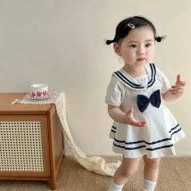 Girls Navy Summer Dress-Short Sleeve, Navy Collar, Pure Cotton, Suitable for Summer Wearing for Toddlers and Middle-Aged Girls