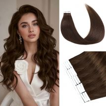 Tape in Haarverlängerungen Echthaar Unsichtbares Tape in Extensions Dunkelbraune Haarverlängerungen Tape in Echthaar # 2 20 Stück 50 g