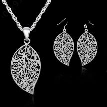 Promotion Silver Color Jewelry Sets For Women Leaves Pendant Earrings With Singapore Chain Necklace