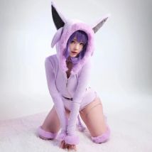 MOBBUNNY Espeon Cosplay Costume Women Hooded Bodysuit Tail Socks Suit Cute Cartoon Flannel Pajamas Bunny Girl Plush Jumpsuit