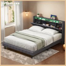UrbanLuxe Letto matrimoniale 160x200 cm, testiera portaoggetti con illuminazione LED e ricarica USB, letto matrimoniale, a doghe, lino, Grigio