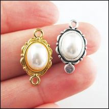 25Pcs Retro Gold Color Tibetan Silver Plated White Acrylic Oval Charms Connectors 12x21mm