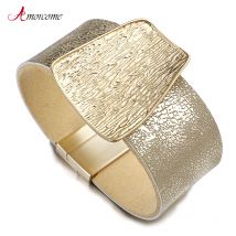 Amorcome Champagner Gold Metall Charme Echtem Leder Armband für Frauen Femme Mode Breite Wrap Armbänder & Armreifen Schmuck Geschenke