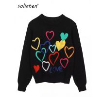 2023 frühling Frauen Schöne Pullover Oansatz Bunte Candy Farbe Herz Stickerei Strickwaren Schlank Alle-Spiel Pullover Femme C-066