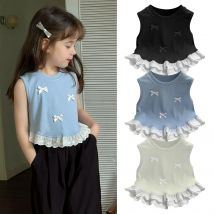 Sweet Girls Sleeveless Bow Knot Floral Decoration Lace Trim T-Shirts Summer Top Comfortable Fit Suitable Kids Daily Leisure Wear